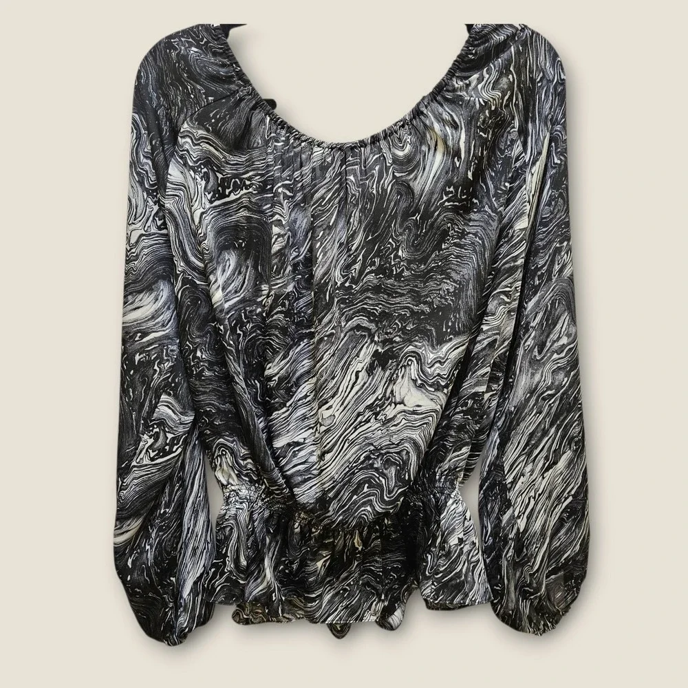 Michael Kors Blouse Top Black White Marble Print Long Sleeve Women's XL‎